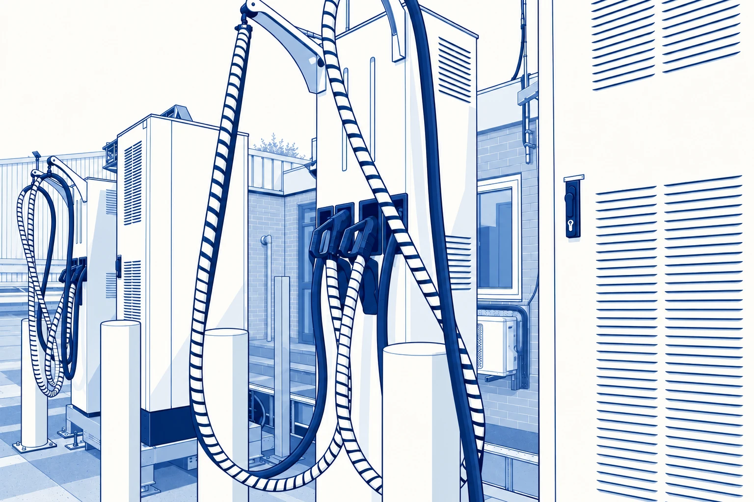 Blue-and-white architectural illustration of fleet charging equipment, looping cables, and protective bollards.